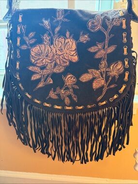 Black Suede Fringe Crossbody Bag with Floral Embroidery